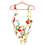 No Brand White Fruit Ruffle Side Low Back One Piece Swimsuit- Size ~L (See Notes)