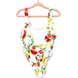 No Brand White Fruit Ruffle Side Low Back One Piece Swimsuit- Size ~L (See Notes)