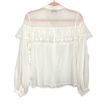 Aura White Sheer with Lace Detail Collar and Ruffles Button Down NWT- Size S