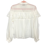Aura White Sheer with Lace Detail Collar and Ruffles Button Down NWT- Size S