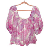 Impressions Fuchsia/Lilac Square Neckline Puffed Sleeve Top- Size S