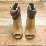 Qupid Tan/Brown Studded Strap Open Toe Booties- Size 6.5 (See Notes)