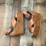 Dolce Vita Tan Suede Bottom Studded Ankle Buckle Wedge- Size 7.5