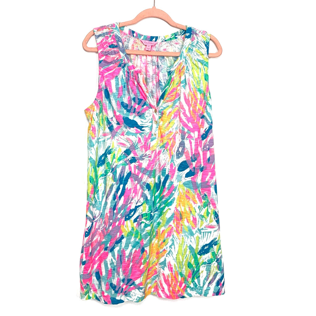 lilly pulitzer neon dress Lilly Pulitzer Gingham Neon Pink "lilly" Signature Ruffled Waist Strapless Dress - Size 4