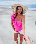 Pink Lily Hot Pink Ruffle One Shoulder Padded One Piece- Size L (sold out online, see notes)