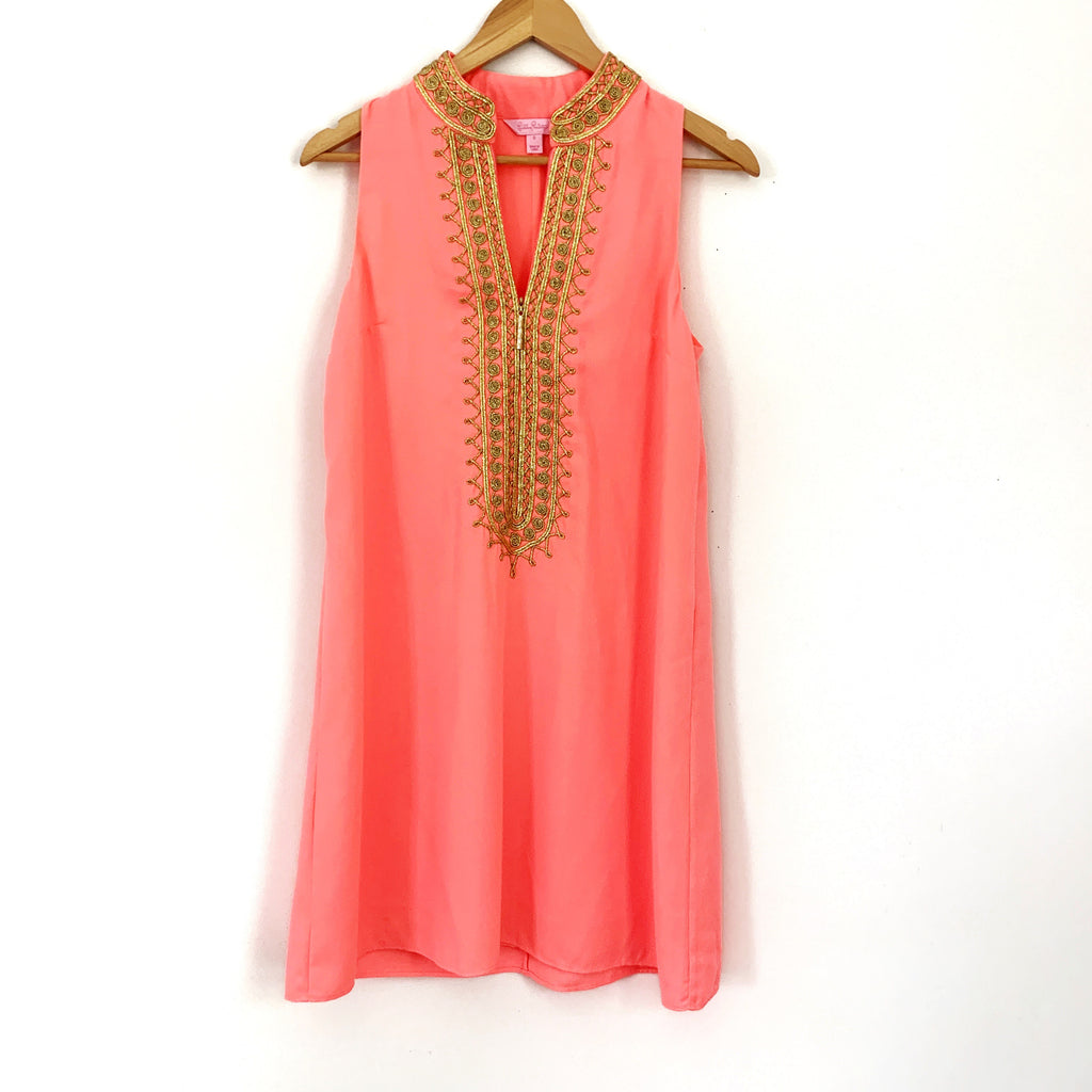 Lilly Pulitzer Hot Pink Mock Neck Gold Embroidery Shift Dress- Size 0 The Saved Collection Lilly Pulitzer Hot Pink Mock Neck Gold Embroidery Shift Dress- Size 0 The Saved Collection