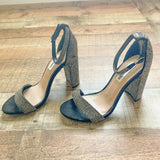 Steve Madden Black/Silver Rhinestone Ankle Strap Block Heel Sandals- Size 7 (see notes)