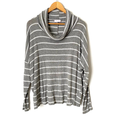 Pink Lily Grey and White Striped Turtleneck Open Knit Thin Sweater- Size S