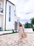 Petal + Pup Beige Stripe Linen Smocked Bodice Off the Shoulder Gabriella Midi Dress NWT- Size 6 (sold out online)