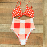 Cupshe Orange/White/Peach Checkered Cut Out Swimsuit NWT- Size S