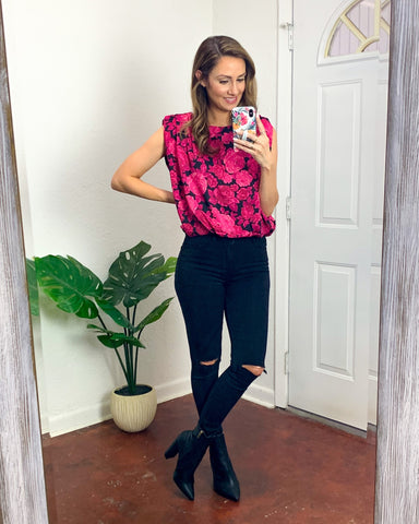 Do+Be Black/Pink Floral Shoulder Pad Elastic Waist Top NWT- Size S (sold out online)