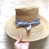 Hat Attack (Anthropologie) Brimmed Straw Hat with Pinstripe Bow Detail