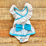 Sal & Pimenta White and Blue Polka Dot Little Girl/Dog Print Ruffle Swimsuit- Size 12M