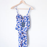 Gibson Pink/Blue Animal Print Ruffle Elastic Waist Belted Romper NWT- Size XXS Petite