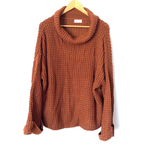 Pink Lily Brown Waffle Knit Cowl Neck and Cuffed Sleeve Sweater- Size L