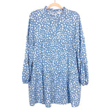 Solution Blue Leopard Print Ruffle Neckline with Ruffle Detail Sleeve Dress NWT- Size L