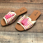 A & P Denim Pink/Orange Embroidery Canvas Pink Tassel Sandals- Size 7 (Like New)