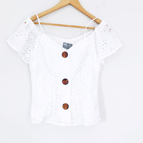 ASOS White Eyelet Off the Shoulder Button Up Top NWT- Size 0