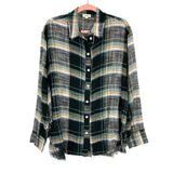 La Miel Black/Mustard/Slate Plaid Raw Hem Linen Button Up- Size S