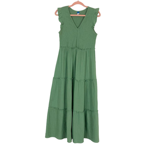 old navy green dress Old Navy Sage Smocked Bodice Ruffle Sleeve Tiered Midi Dress- Size M – The Saved Collection