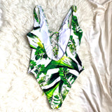 Beach Joy Palm Print Lace Up Front/Low Back One Piece- Size M