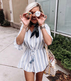 Loveriche Striped V-Neck Drawstring Waist Romper- Size S