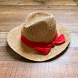 Loft Tan Straw with Red Bow Band Brim Hat- Size M/L