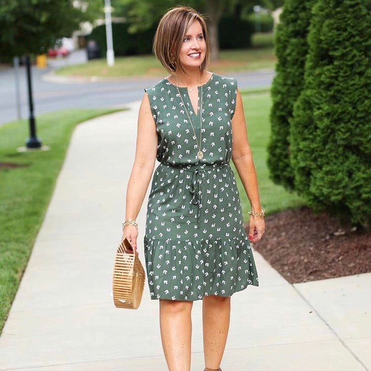 LOFT Olive Pattern Drawstring Waist Dress- Size S  The Saved Collection