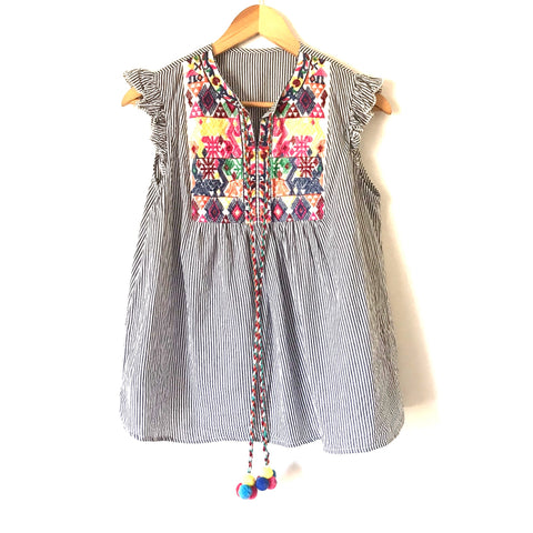 No Brand Striped with Multi Color Embroidery Detail Cap Sleeve Top- Size M