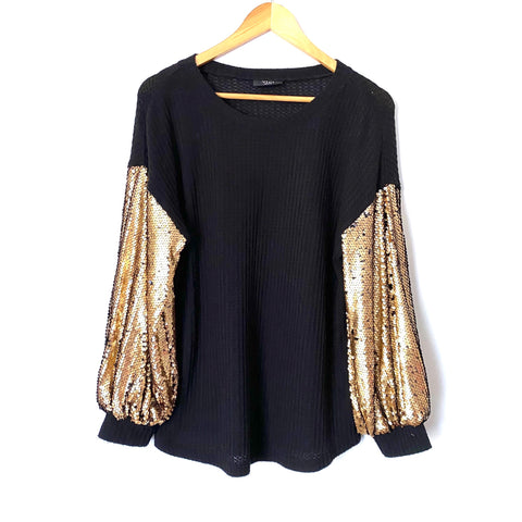 Vici Black Waffle Knit Sequins Sleeve Sweater- Size S