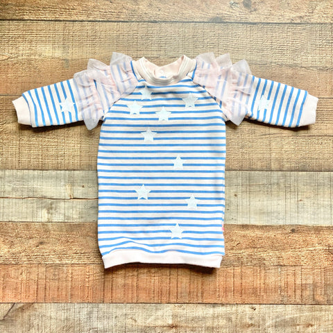 Billieblush Pale Pink/Blue Stripes with Lace Shoulder Ruffles and Glitter Stars Sweatshirt Dress- Size 12M