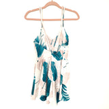 No Brand White Pink/Green Leaf Criss Cross Back Romper- Size S