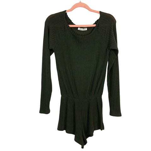 Honey Punch Olive Ribbed Long Sleeve Romper- Size S
