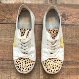 Dolce Vita White Laura Leopard Calf Hair Toe, Yellow Accents, Iridescent Heel Tab Sneakers- Size 7