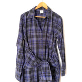 By Together Blue Plaid Front Tie Raw Hem Shirt Dress- Size L