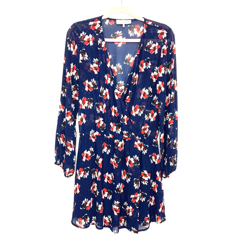 WAYF Navy and Floral Print Semi Lined Surplice Front Faux Wrap Dress- Size M