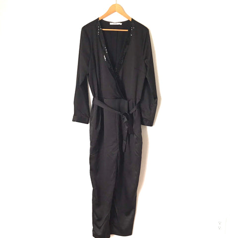JUSTFAB Black Tie Waist Jumpsuit with Sequins Trim- Size XL