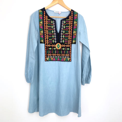 Glamorous Chambray Shift Dress with Tribal Embroidery- Size S