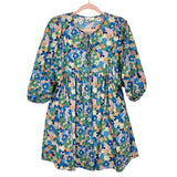 Entro Lilac/Blue/Green/Mustard Floral Front Tie with Balloon Sleeves Dress- Size S