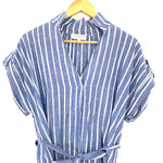 Hayden Blue & White Stripe Tie Linen-like Blouse with High Low Hem- Size S