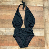 Sara Swim Black Halter Tie Deep Plunge Open Back One Piece- Size M