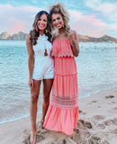 Flying Tomato Coral Strapless Maxi with Crochet Lace Detail- Size S