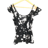 June & Hudson Black Floral Off the Shoulder Faux Wrap Blouse- Size XS