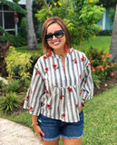 FATE Embroidered Floral Striped Bell Sleeve Blouse- Size S
