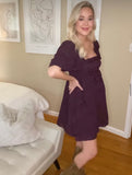Storia Eggplant Square Neck Puff Sheer Sleeve Dress- Size S