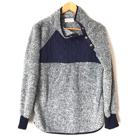 Goodnight Macaroon Blue Sherpa Fleece Quilted Side Snap Pullover- Size S