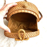 No Brand Round Rattan Leather Strap Bow Closure Crossbody Bag NWT