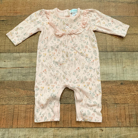 Feather Baby Pink Floral Print Flower Button Jumpsuit- Size 3-6M