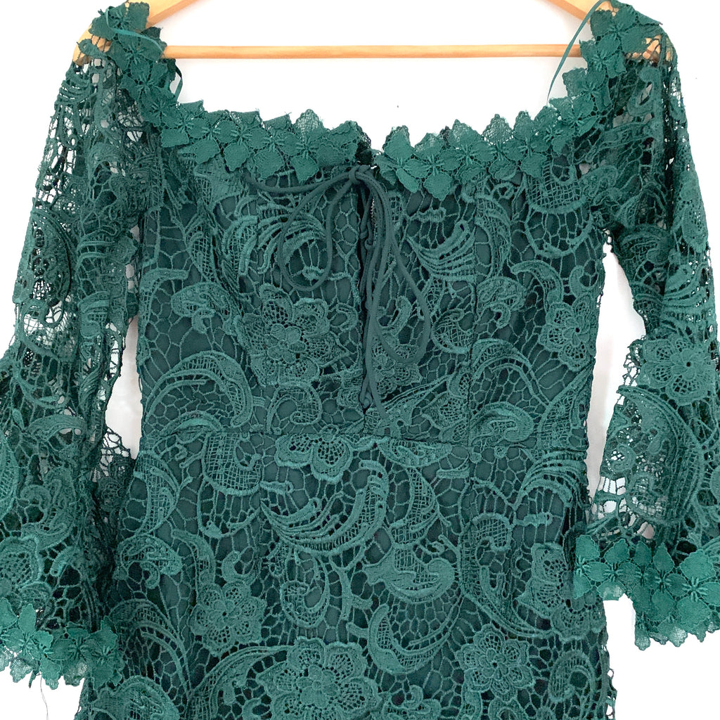 luxxel green dress LUXXEL Hunter Green Lace Off the Shoulder Dress with Lace Up Detail- S The Saved Collection