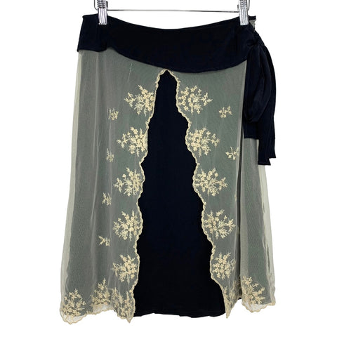 Anthropologie Odille Black Silk Ivory Lace Skirt- Size 0